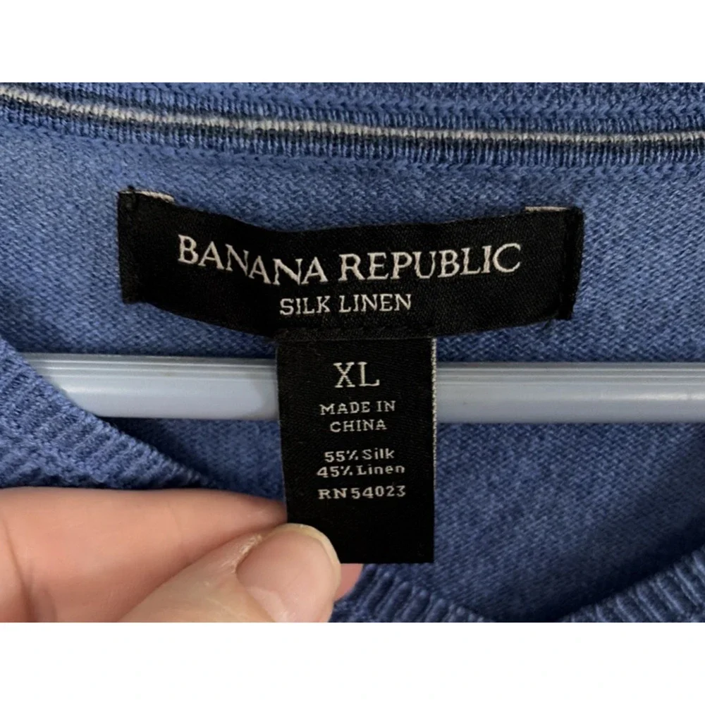 Banana Republic Mens Blue V-Neck Sweater XL Silk Linen Knit Preppy Quiet Luxury